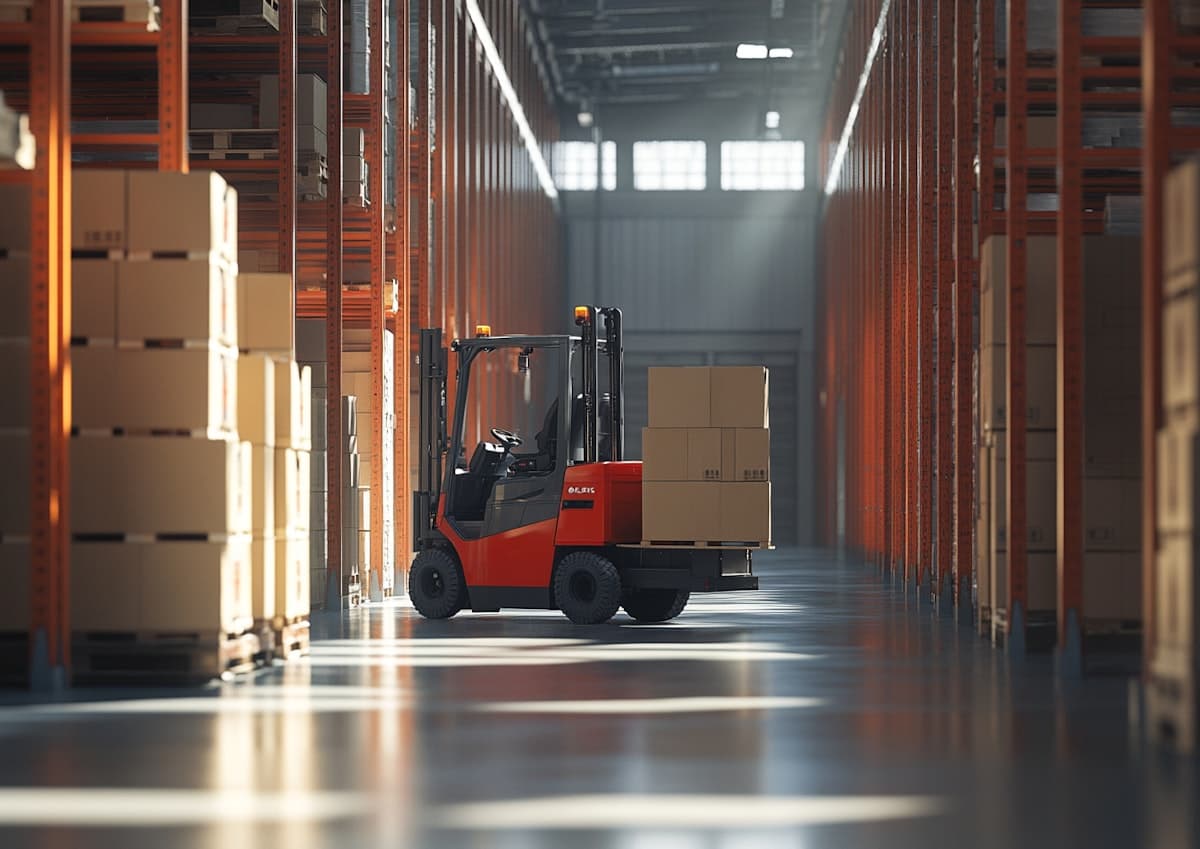 Forklift machine in a warehouse